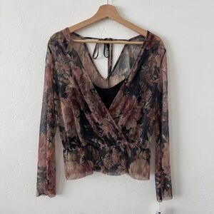 NWT Black and Brown Floral Sheer Wrap Top Design With Tie Back